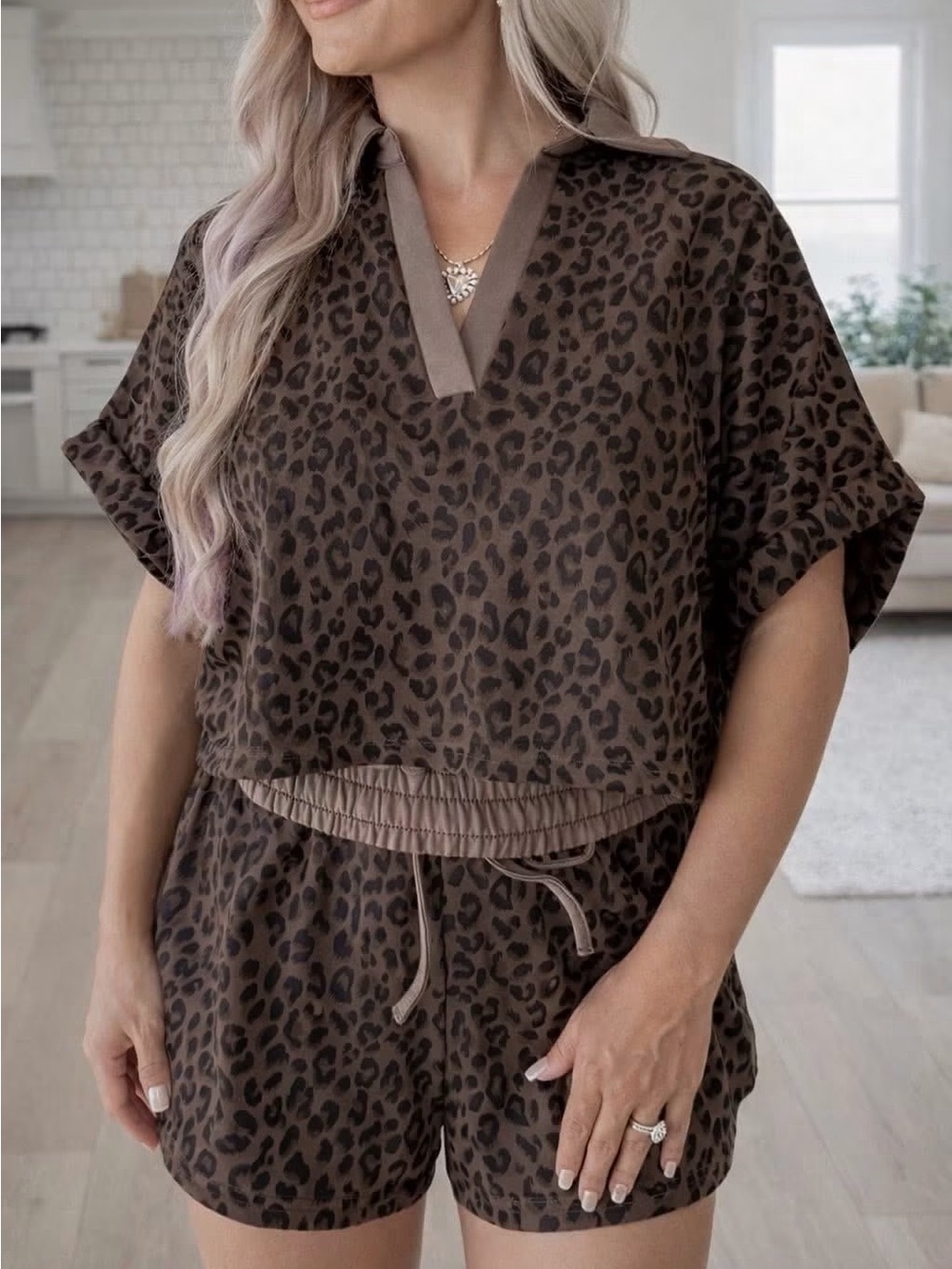Leopard-Print Brown Short PJ Set with Drawstring Waist